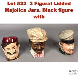 Lot 523 3 Figural Lidded Majolica Jars. Black figure with