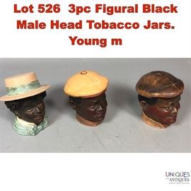 Lot 526 3pc Figural Black Male Head Tobacco Jars. Young m