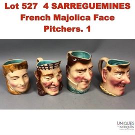 Lot 527 4 SARREGUEMINES French Majolica Face Pitchers. 1