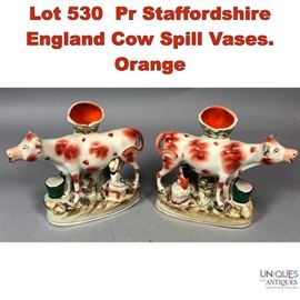 Lot 530 Pr Staffordshire England Cow Spill Vases. Orange
