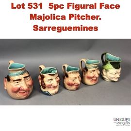 Lot 531 5pc Figural Face Majolica Pitcher. Sarreguemines