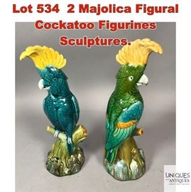 Lot 534 2 Majolica Figural Cockatoo Figurines Sculptures.