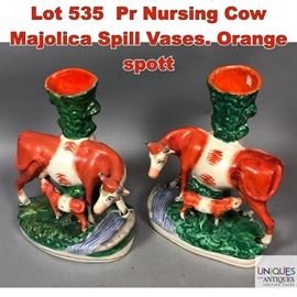 Lot 535 Pr Nursing Cow Majolica Spill Vases. Orange spott
