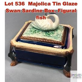 Lot 536 Majolica Tin Glaze Swan Sardine Box. Figural fish