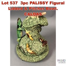 Lot 537 3pc PALISSY Figural Lidded Pitcher Bowl. CALDAS