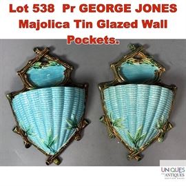 Lot 538 Pr GEORGE JONES Majolica Tin Glazed Wall Pockets.