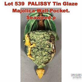 Lot 539 PALISSY Tin Glaze Majolica Wall Pocket. Seaweed p