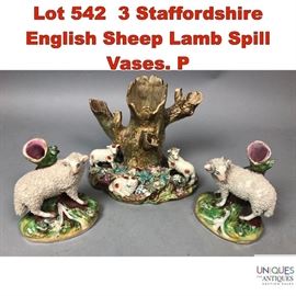 Lot 542 3 Staffordshire English Sheep Lamb Spill Vases. P