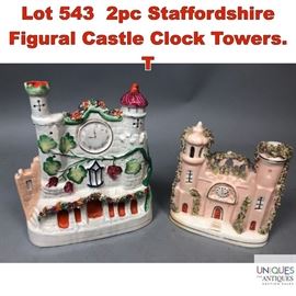Lot 543 2pc Staffordshire Figural Castle Clock Towers. T