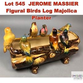 Lot 545 JEROME MASSIER Figural Birds Log Majolica Planter