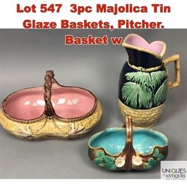 Lot 547 3pc Majolica Tin Glaze Baskets, Pitcher. Basket w