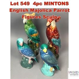 Lot 549 4pc MINTONS English Majolica Parrot Figures Sculp