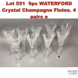 Lot 551 9pc WATERFORD Crystal Champagne Flutes. 4 pairs o