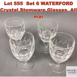 Lot 555 Set 6 WATERFORD Crystal Stemware Glasses. All mar