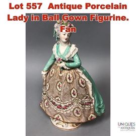 Lot 557 Antique Porcelain Lady in Ball Gown Figurine. Fan