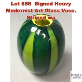 Lot 558 Signed Heavy Modernist Art Glass Vase. Striped wa
