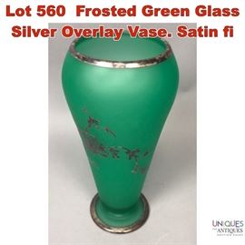 Lot 560 Frosted Green Glass Silver Overlay Vase. Satin fi