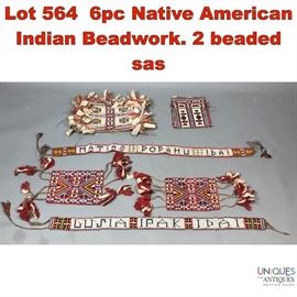 Lot 564 6pc Native American Indian Beadwork. 2 beaded sas