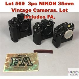 Lot 569 3pc NIKON 35mm Vintage Cameras. Lot includes FA,