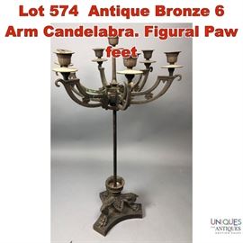 Lot 574 Antique Bronze 6 Arm Candelabra. Figural Paw feet