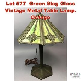 Lot 577 Green Slag Glass Vintage Metal Table Lamp. Octago