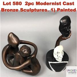Lot 580 2pc Modernist Cast Bronze Sculptures. 1 Painted