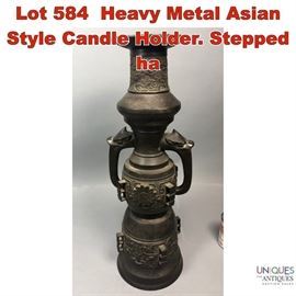 Lot 584 Heavy Metal Asian Style Candle Holder. Stepped ha