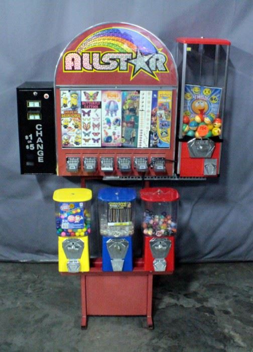 6-Way Vending Machine Stand, Modified to Hold 7, with DBV-20 Change Machine, Allstar Sticker/Tattoo Machine, $.75 Machine, & 3 $.25 Gumball Machines
