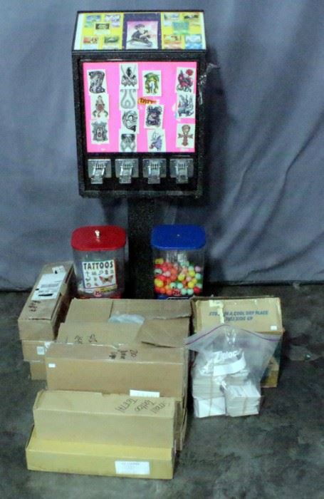 Sticker/Tattoo Flat Vending Machine on Stand wi/ 2 Mounted Gumball/Capsule Machines, Includes Keys, 18"W x 48"H, & Large Assortment Bulk Prize Refills