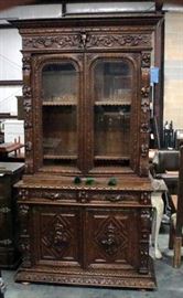 Ornate French Renaissance Black Forest Hand Carved Buffet / Bookcase with Floral Relief, Dog'Head Door Pulls & Finial, Includes Keys, 51"W x 98.5"H