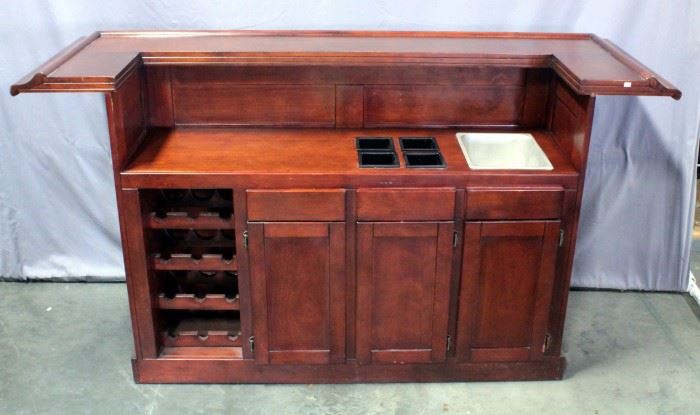 Home Bar With Ice Basin, Garnish Wells, Three Doors, One Drawer And 12 Bottle Rack, 77.5"W x 41"H x 26.5D