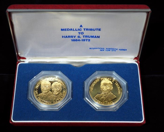 Truman Commemorative Medallions, Qty 2, 24Kt Gold Electroplate Over Sterling Silver In Presentation Box