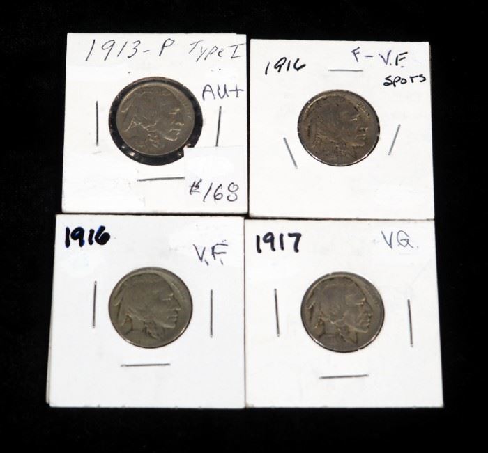 1913, 1916 (2) And 1917 Buffalo Nickels All P Mint, Total Qty 4