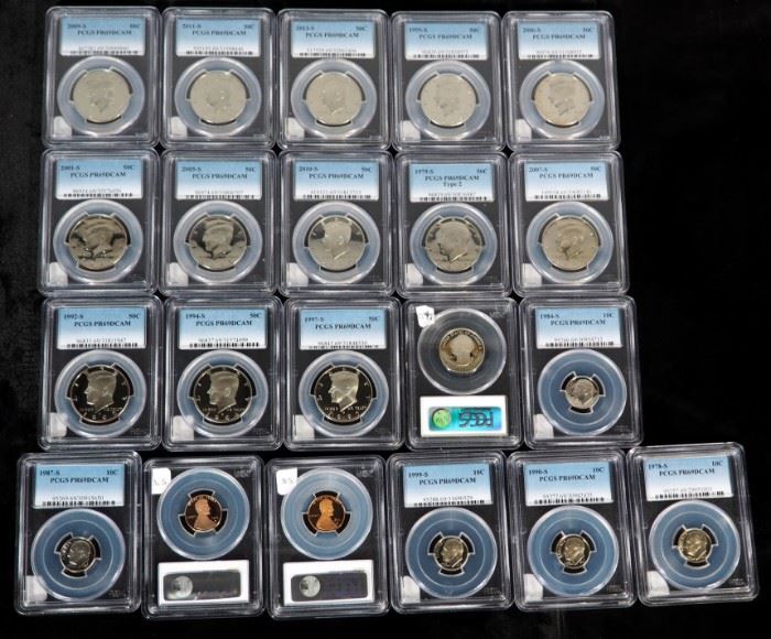 Graded & Encased Coins, Kennedy Half Dollars Qty 13, Roosevelt Dimes Qty 5, Liberty Quarter Qty 1 And Pennies Qty 2, Total Qty 21, In PCGS Storage Box