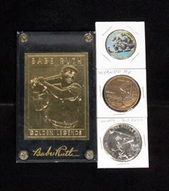 Pearl Harbor Commemorative Kennedy Half Dollar, Wyandotte Kansas Centennial Coin, 1971 Dakota Gold Rush Coin, and Babe Ruth 24k Gold Plated Plaque