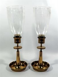 Tommi Parziner Brass Candlestick Pair, Removable Drip Plates, Flared Rim Sconces And Tapered Columns