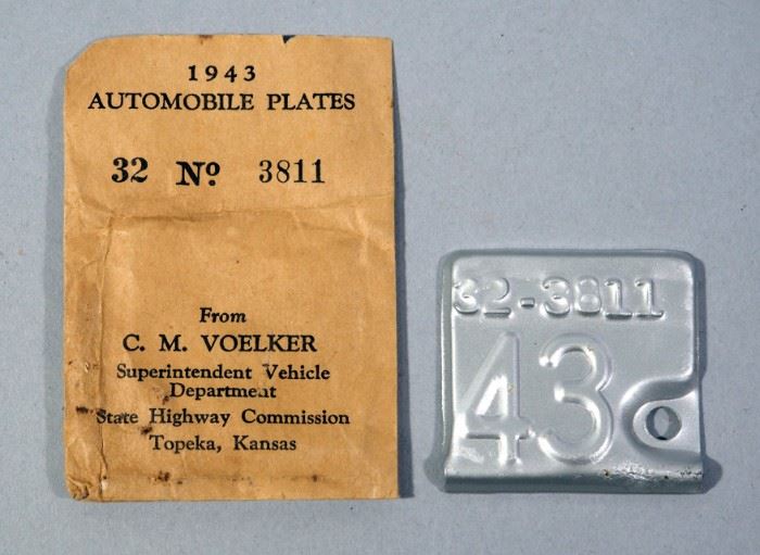 1943 WWII Metal Kansas Auto Plate Attachment In Original Envelope