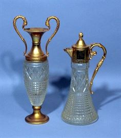 Gold Tone And Glass Urn 12.5"H And Ewer 14.5"H, Marked Italy