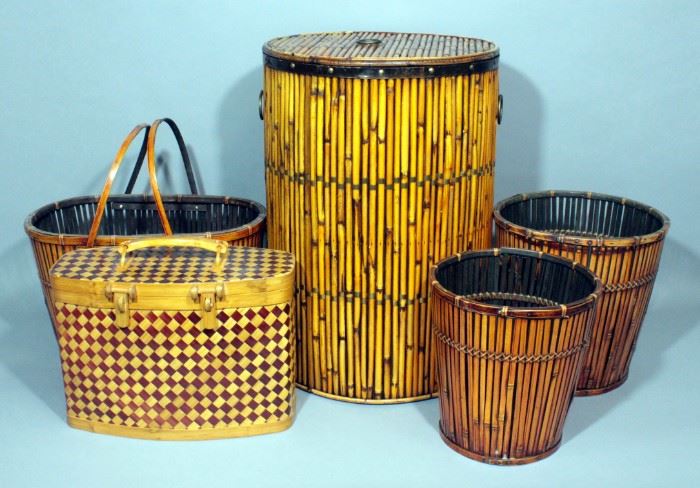 Wicker Trash Cans, Baskets And Clothes Hamper, Total Qty 5