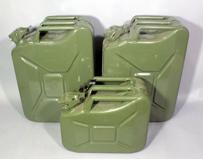 US Military Style 20 Liter Reproduction Jerry Cans, Qty 2, and 10 Liter Jerry Can