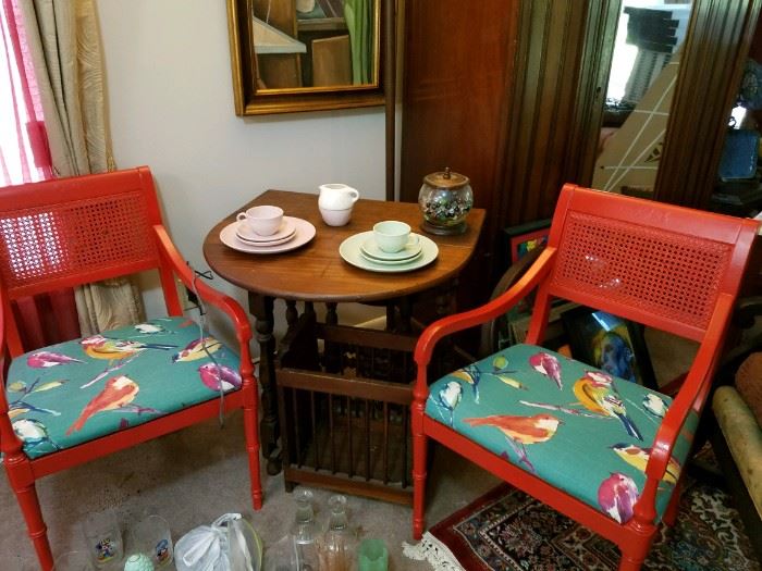 Beautiful vintage painted red chairs with bird fabric