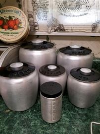 Vintage aluminum canister set plus many other vintage kitchen items