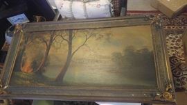 Amazing oil painting shows man buy a blazing fire far left side