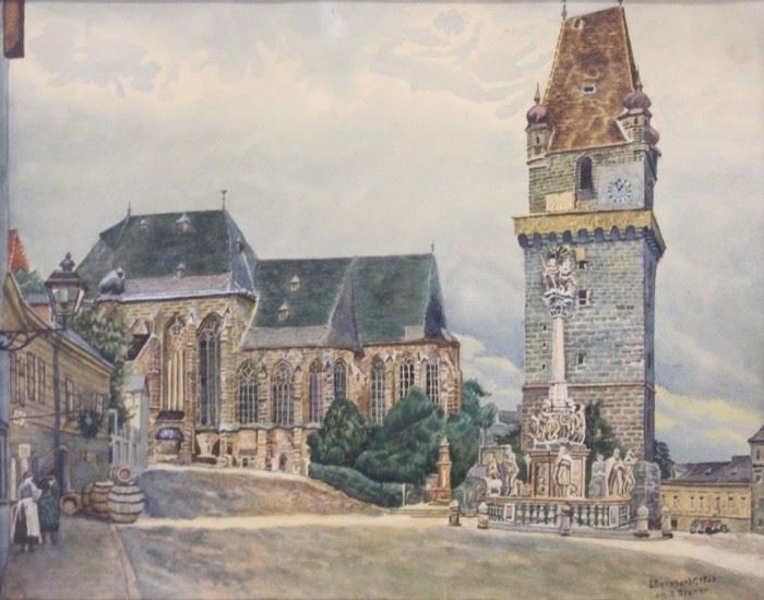 BERNHARDT E Watercolor European Village Scene