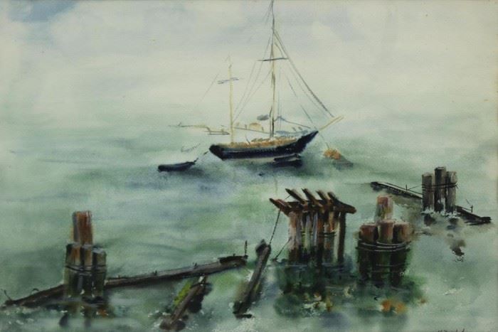 BUCHSBAUM H Watercolor Ship and Piers