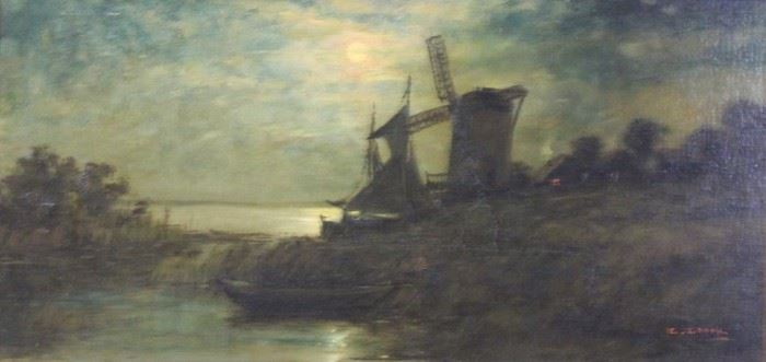 CLARK C Oil on Board Windmill in Evening Light