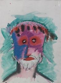 ILLEGIBLY Signed Watercolor Abstracted Head of