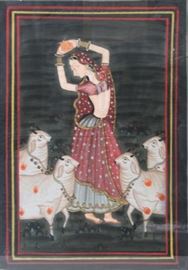 INDIAN Gouache on Fabric Woman with Livestock