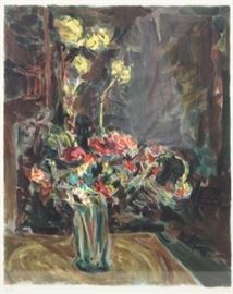 SIGNED in Hebrew Color Lithograph Floral Still