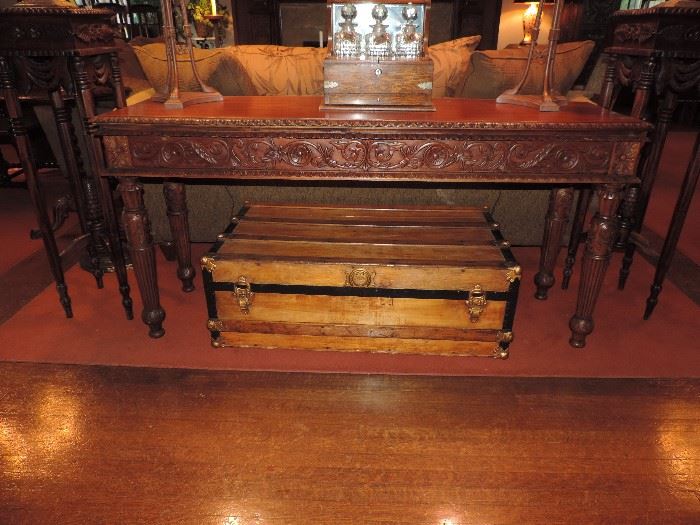 Carved late 20th century hall table, antique trunk